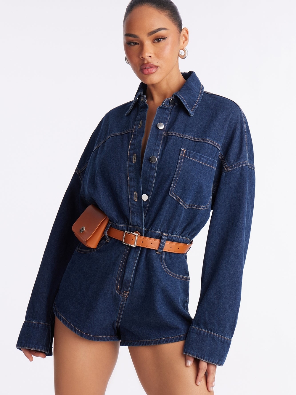 Fashion Nova Dark Blue Denim Short Overalls with Chest Pocket